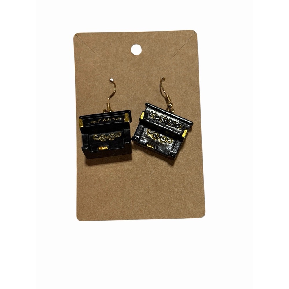 Black Upright Piano Drop Earrings Gold Scroll Detail Music Teacher Gift Jewelry‎